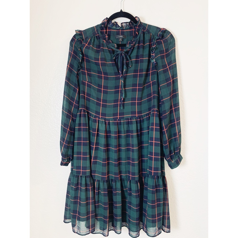 J.Crew Mini Dress Women XS Green Plaid Ruffle Tiered Chiffon Long Sleeve Preppy